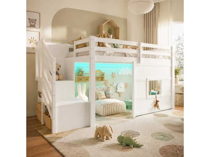Lit mezzanine 90x200 cm avec escalier de rangement et fenêtre, blanc - Conforama D