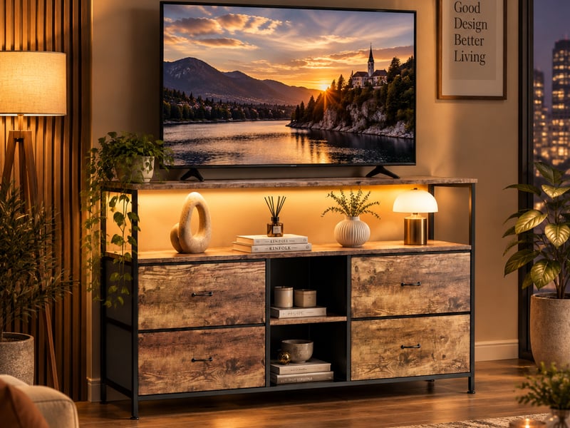  Meuble tv 108 cm avec lumières led, banc tv support télé console tv avec avec 4 tiroirs et 3 étagères de rangement, naturel  - Conforama B