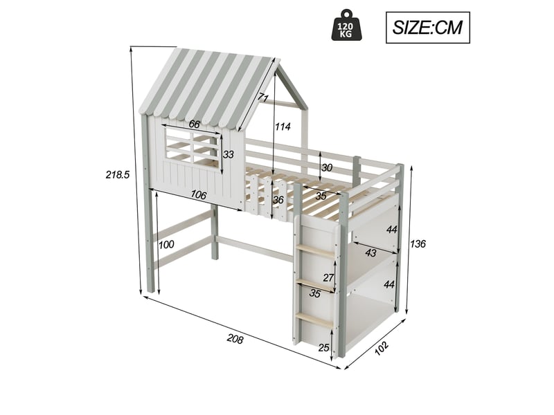  Lit cabane enfant 90x200 cm – lit mezzanine avec échelle et rangement fonctionnel, mdf – sans matelas – vert  - Conforama C