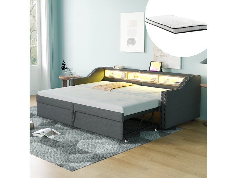  Modenvie canapé lit gigogne 90180x200 cm - avec rangement latéral, led et port usb, avec 2 matelas ressorts - gris  - Conforama B