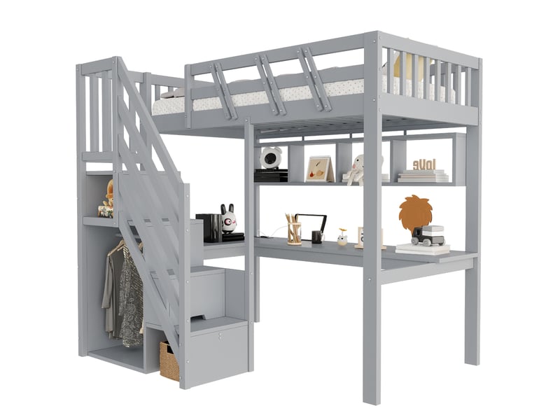 Lit mezzanine enfant 90x200 cm avec bureau, rangements, led et usb, gris, sans matelas - Conforama A