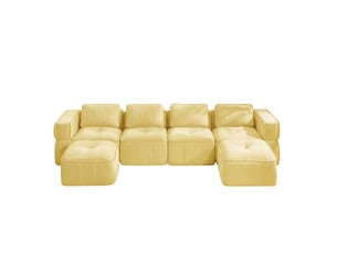Canapé modulaire 4 places en tissu polyester jaune, u-forme avec 2 poufs, 32d, sans montage, pour salon