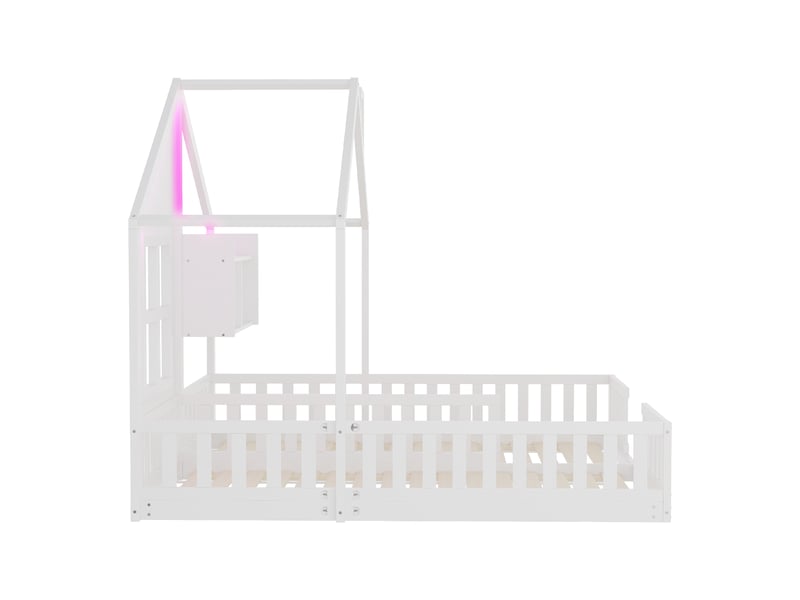  Lit enfant cabane avec fenêtres, bois blanc, 90 x 200 cm, led, étagères et garde-corps  - Conforama D