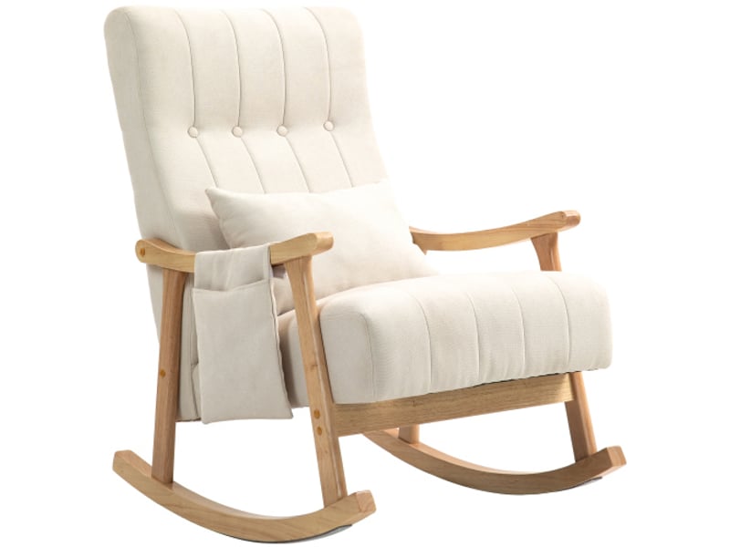 Fauteuil à bascule beige rembourré, coussin lombaire, poche latérale, cadre bois, aspect lin, salon et chambre - Conforama A
