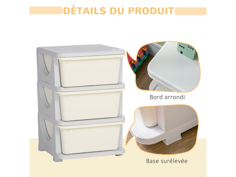 Organisateur de jouets pour enfants avec tiroirs à 3 niveaux, boîtes de rangement en plastique, crème, 37 x 37 x 56,5 cm  - Conforama E