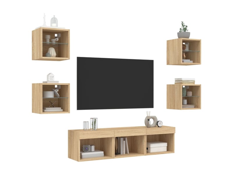  Meuble tv - unités murales tv avec led 7 pcs chêne sonoma bois d'ingénierie  - Conforama D