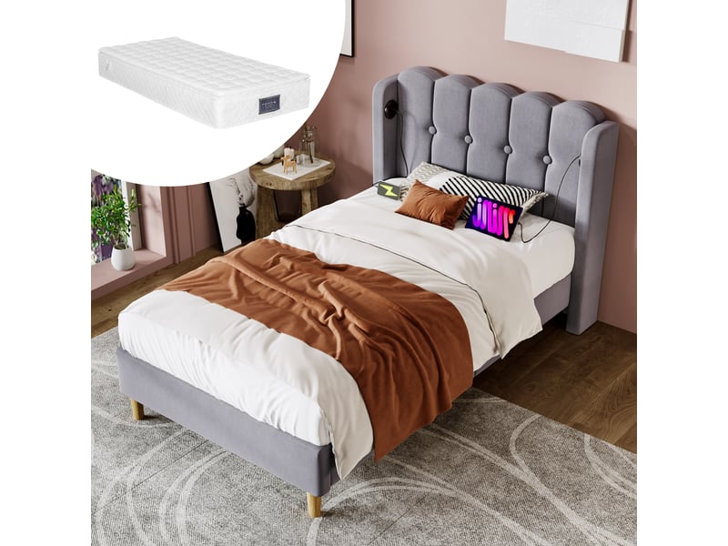  Lit rembourré simple 90x200 cm en lin gris avec usb type-c, tête capitonnée, sommier à lattes et matelas inclus  - Conforama C