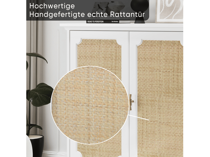  Buffet 80x38x86 cm portes en rotin décoratif mdf panneau de particules blanc  - Conforama D