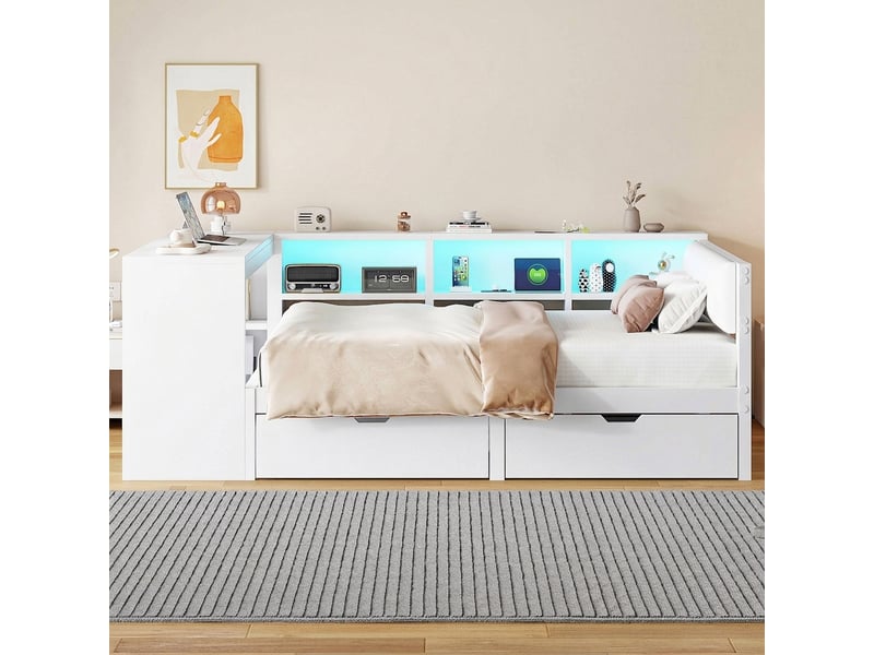  Lit 140x200 avec tiroirs et led, tête capitonnée, station charge usb, blanc  - Conforama D