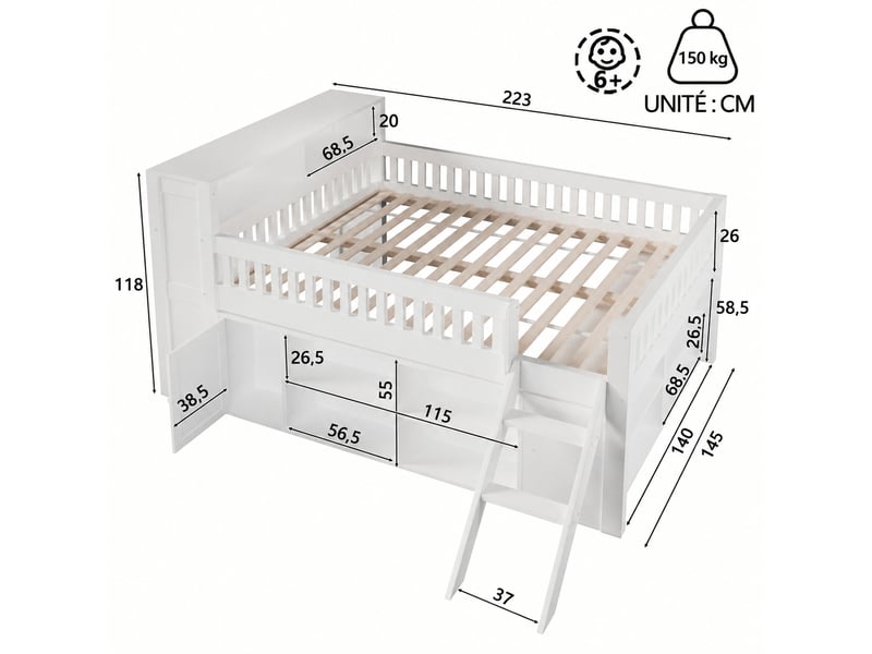 Lit mezzanine enfant avec rangement et éclairage led intégré, lit en bois blanc 140 x 200 cm, échelle et barrières de sécurité - Conforama C