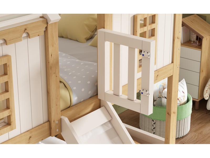  Lit superposé cabane 2 × 90 × 200 cm avec toboggan, blanc et bois naturel  - Conforama E