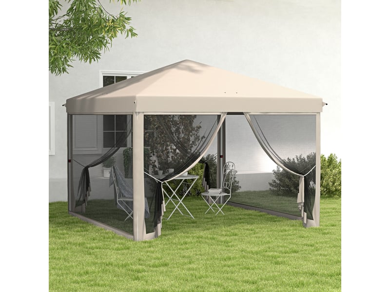  Tonnelle de jardin 3x3m avec moustiquaires anti-uv, structure en acier et sac de transport pour patio, terrasse et fêtes (beige)  - Conforama D