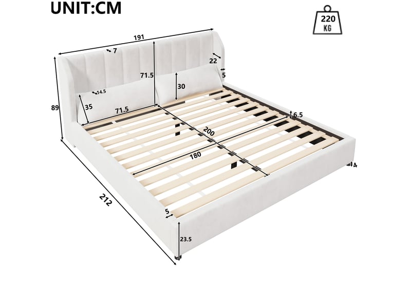  Lit plateforme 180x200 cm beige avec tête de lit rembourrée et sommier à lattes  - Conforama C