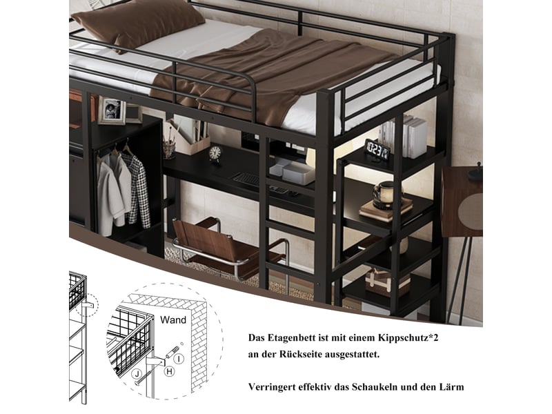  Lit mezzanine enfant simple 90×200 cm bureau, armoire et étagères  - sans matelas métal et mdf noir  - Conforama E