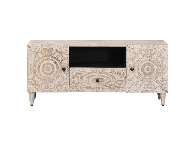 Meuble tv - banc tv - meuble de rangement blanc 105 x 33,5 x 46 cm bois de mangue massif - Conforama C