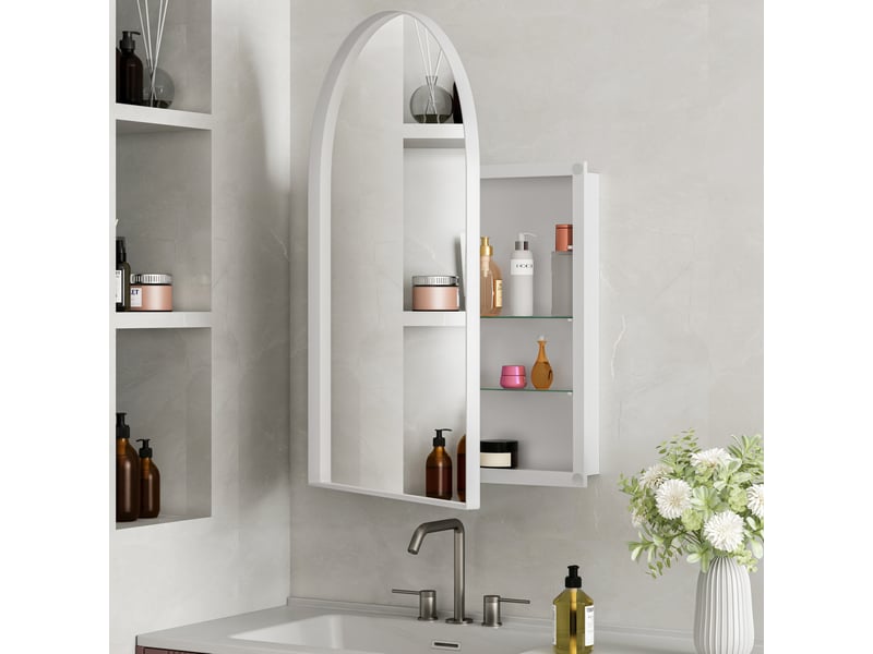  Armoire de toilette miroir cintré 91x61x12 cm, pose murale ou encastrée, 2 tablettes, métal blanc  - Conforama D