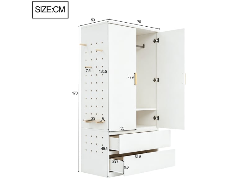  Armoire multifonctionnelle 70x50x170 cm avec 2 portes et 2 tiroirs en mdf couleur blanc, design naturel  - Conforama C