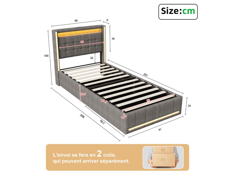  Lit coffre 90x200 avec led et usb, lit 2 place avec rangement hydraulique, lit simple rembourré avec sommier à lattes, sans matelas  - Conforama C