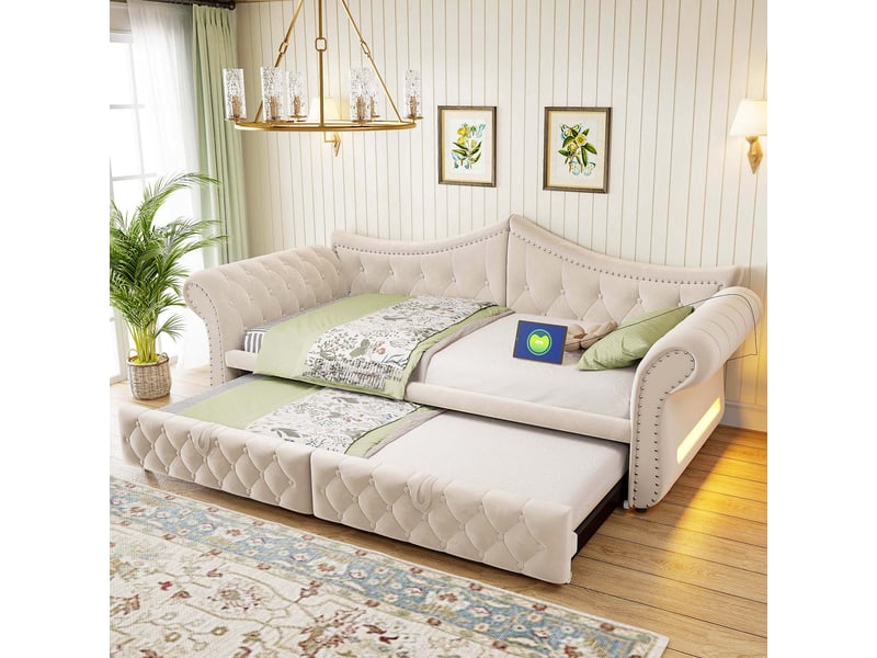  Lit banquette rembourré 90x200 cm - convertible - lit gigogne - éclairage led - port usb - prise de charge - velours - gain de place - beige CozyNest - Conforama B
