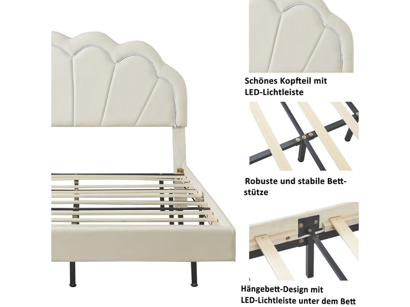  Lit double 140 x 200 cm avec led,lit princesse,lit enfant 140 x 200 cm, lit rembourré ,sommier à lattes,beige,velours  - Conforama E