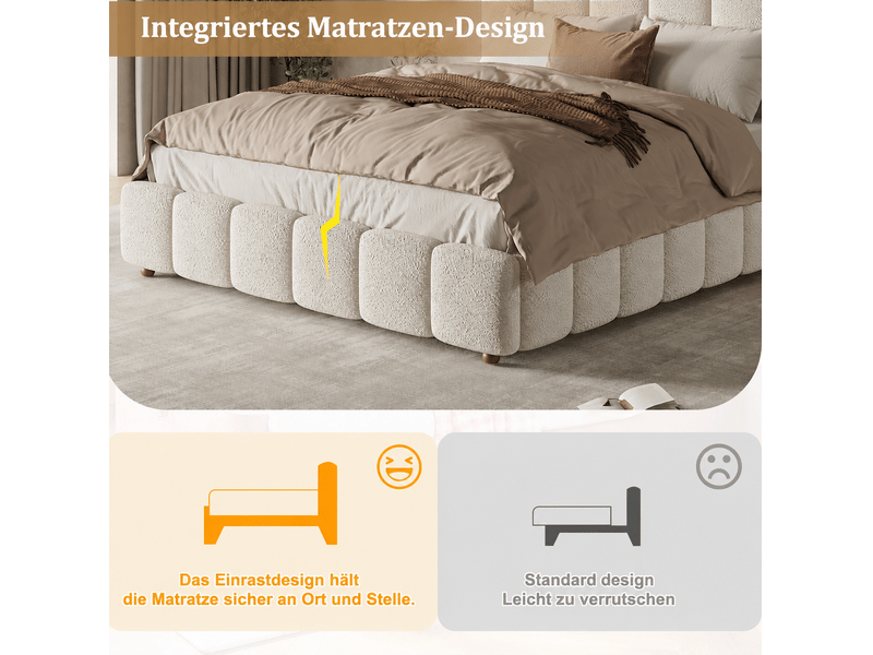  Lit coffre 2 places 140x200 cm en tissu bouclette blanc, sommier inclus et tête de lit rembourrée, sans matelas  - Conforama D