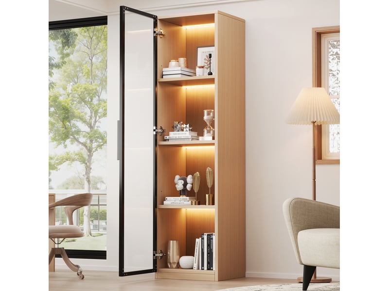  Vitrine haute 40 x 40 x 165 cm – chêne clair – porte en verre trempé, led multicolore, fermeture douce  - Conforama B