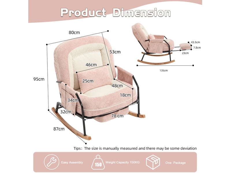  Fauteuil à bascule rose en tissu, dossier réglable de 100 à 160° avec repose-pieds et poches latérales  - Conforama C