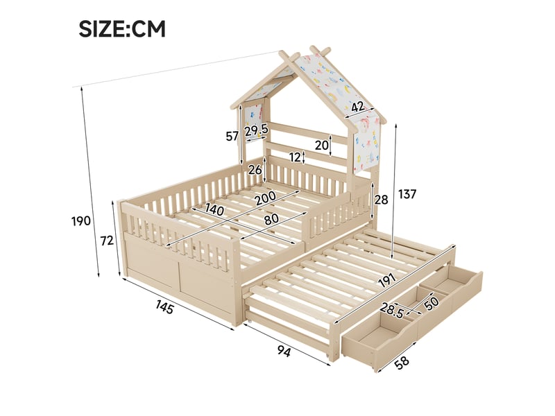  Lit cabane enfant 140x200 avec lit gigogne et 3 tiroirs evryae  - Conforama E