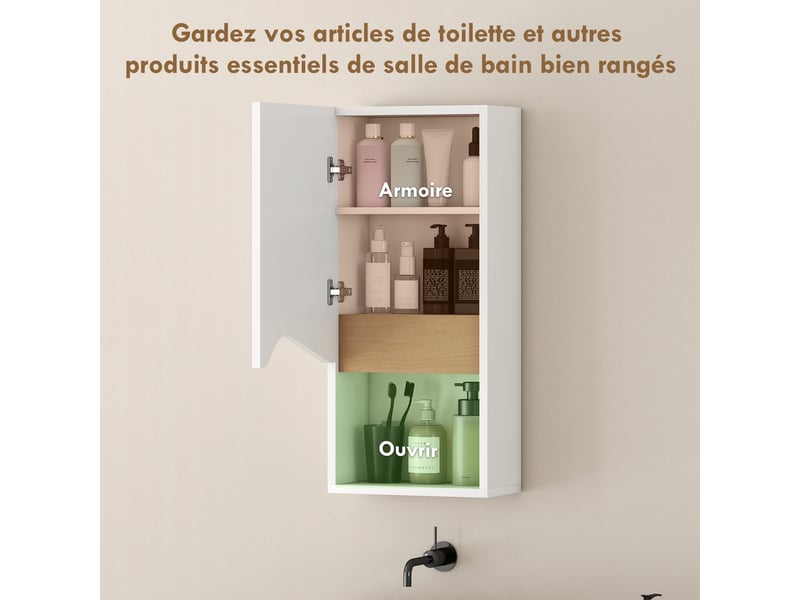Armoire murale de salle de bain avec porte à fermeture douce, 30x17x67cm, étagère réglable et compartiment ouvert, blanc - Conforama E