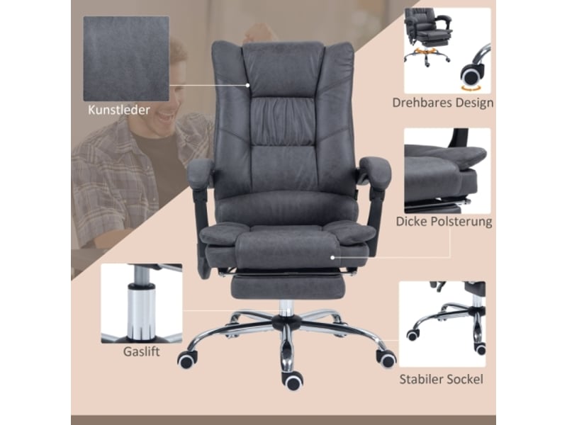  Chaise de bureau massante chauffante, inclinable à 135°, réglable, 120 kg, gris foncé  - Conforama E
