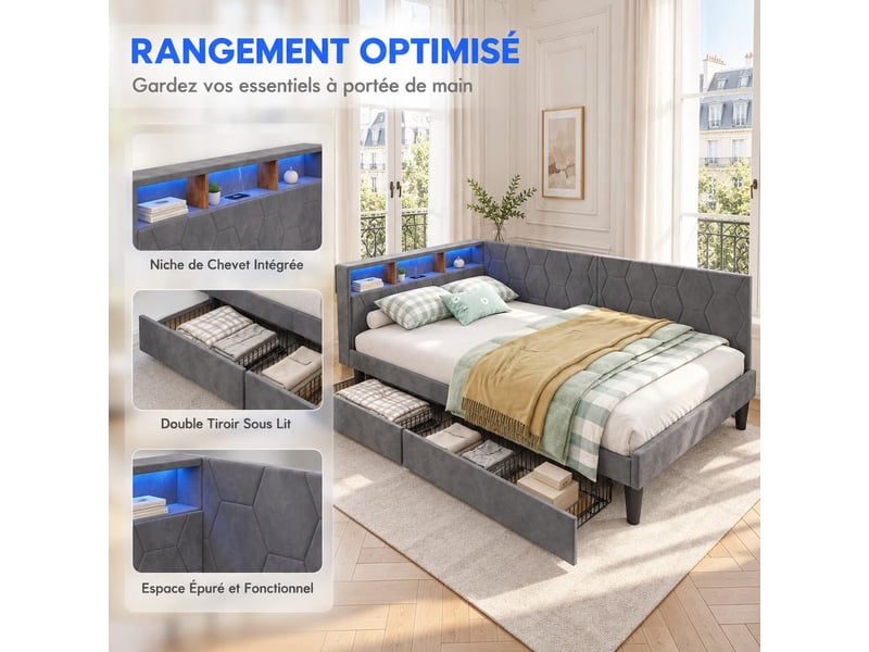  Canapé lit 2 places 140x200 avec lampe led et port usb, lit banquette capitonné avec 2 tiroirs, lit rembourré en l avec sommier à lattes, lit double pour adultes et adolescents, gris velours  - Conforama R