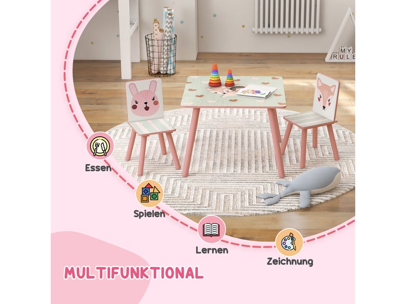  Ensemble de salon de jardin pour enfant en pin, table et 2 chaises, motif animaux, chambre d'enfant, 3-8 ans, rose  - Conforama E