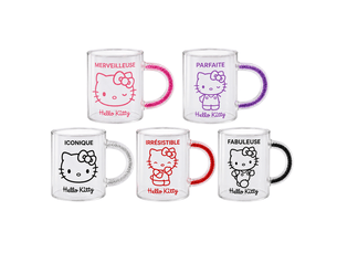 Lot de 5 mugs hello kitty en verre 30 cl - 5 motifs assortis - anses à paillettes colorées