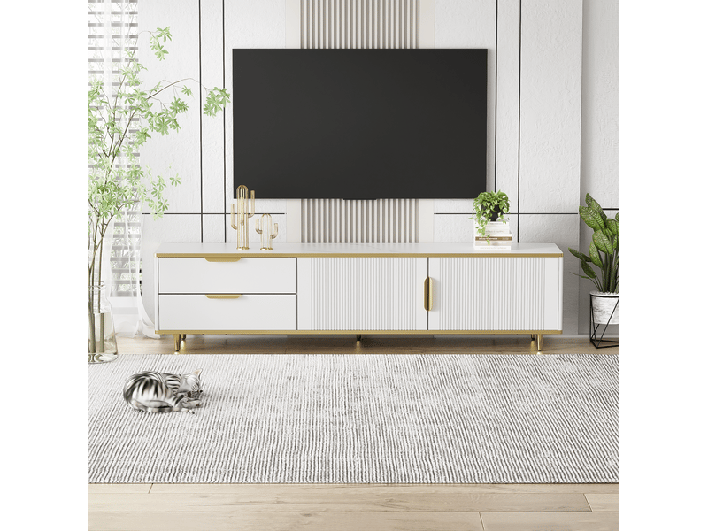  Meuble tv design 170 cm blanc effet marbre, texture sculptée et détails dorés – contemporain  - Conforama B