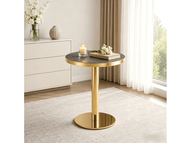  Console ronde moderne avec plateau effet marbre, bord doré en acier inoxydable et base stable pour salon  - Conforama B