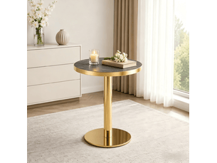 Console ronde moderne avec plateau effet marbre, bord doré en acier inoxydable et base stable pour salon