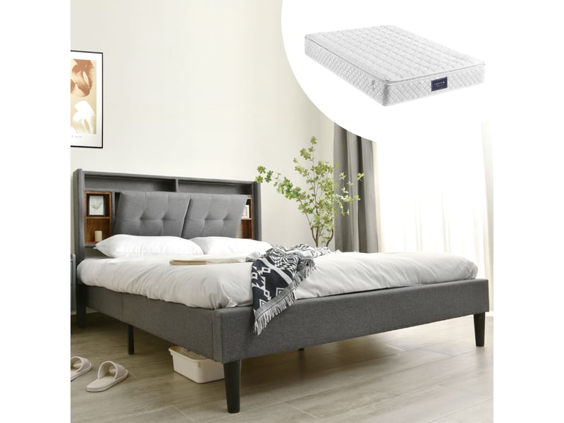  Lit double rembourré 140*200cm avec tête rangeante, usb, led, sommier bois et matelas, gris  - Conforama C