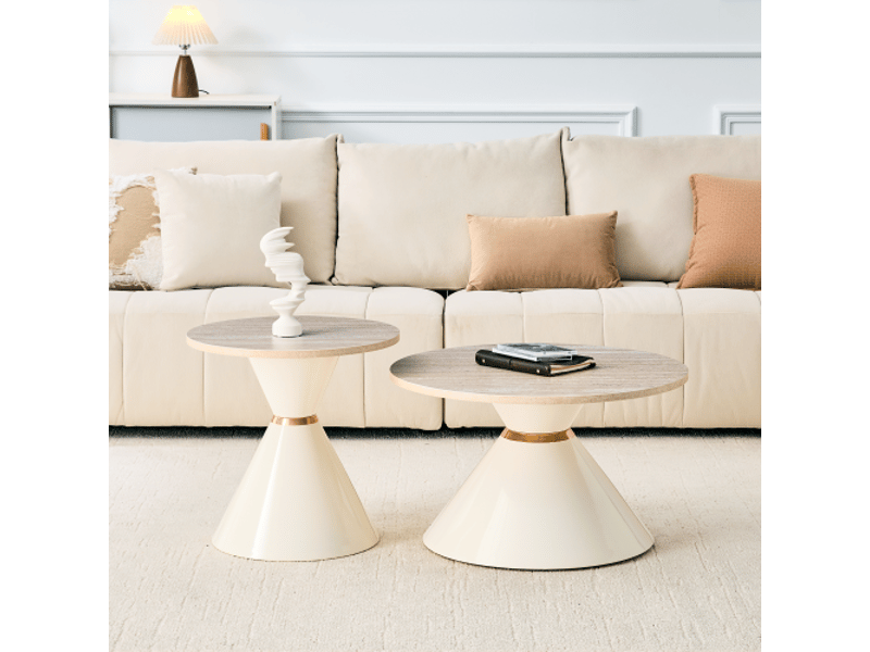  Ensemble 2 tables basses imbriquées – plateaux travertin-mélaminé – pieds métal dorés crème et blanc – gain de place  - Conforama B