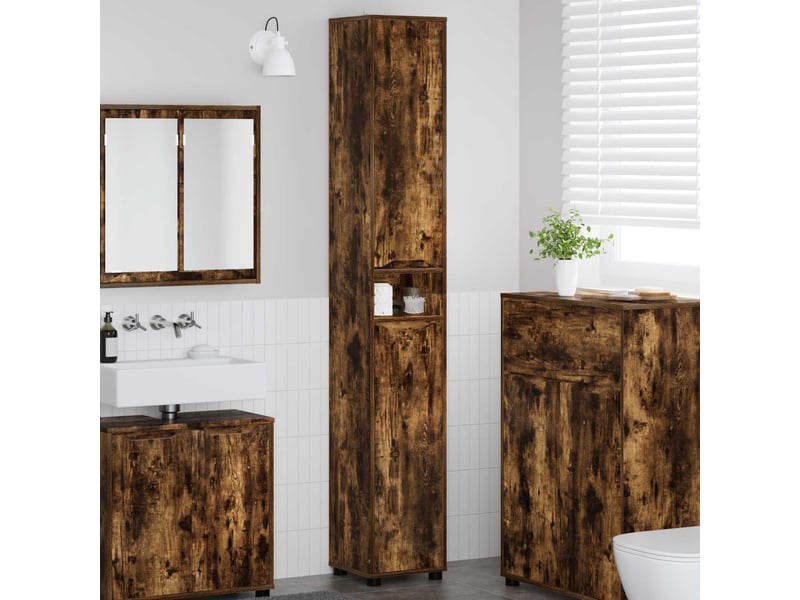 Cabinet de salle de bain, meuble de rangement chêne fumé 30.5x30x195 cm - Conforama B