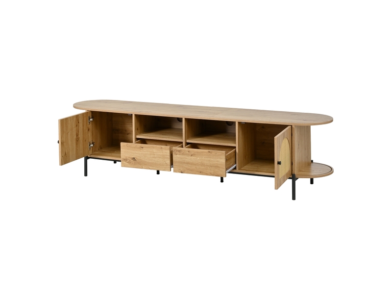  Meuble tv ovale avec portes coulissantes, tiroirs et rangement, 200x40x49,5 cm, mdf décor bois naturel  - Conforama D