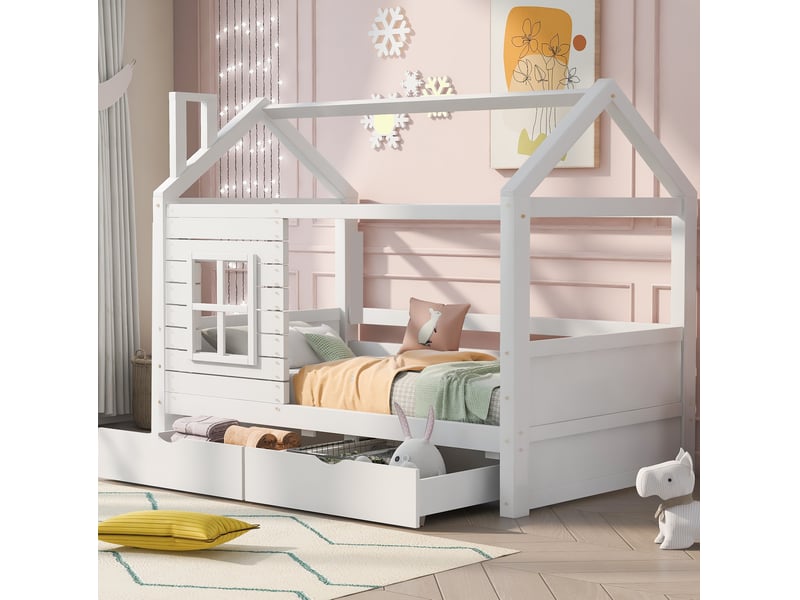  Lit cabane enfant 90 x 200 cm blanc avec protection contre les chutes, sommier à lattes et tiroirs  - Conforama D