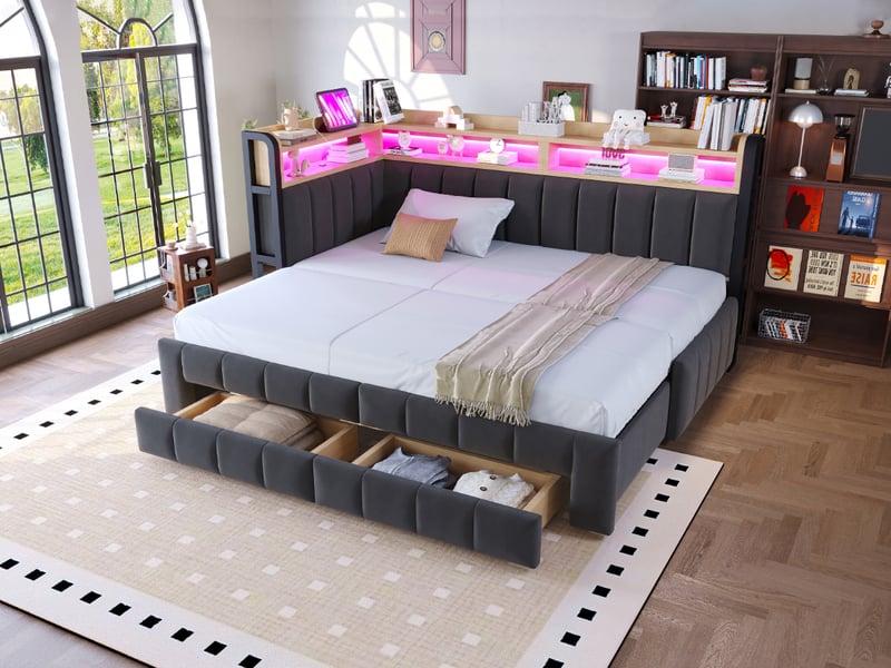  Lit banquette extensible 90 à 180 × 200 cm, avec rangement, tiroirs, étagères, led, usb-c, velours capitonné gris foncé  - Conforama B