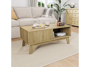 Table basse ovale 95x41x48 cm avec rangement, 1 niche, motif bois, porte coulissante, panneaux de particules, naturel