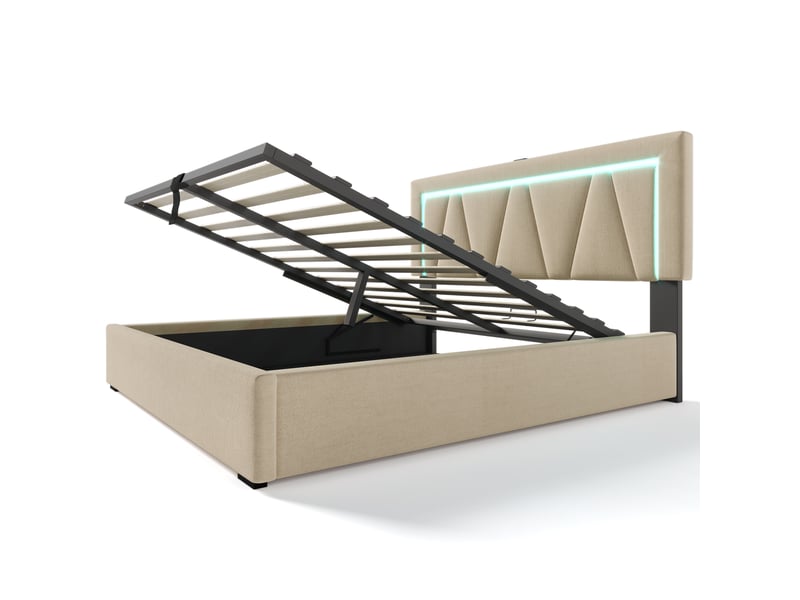  Lit capitonné double 140x200 cm en lin beige, tête ajustable, led, usb-c, coffre intégré et matelas fourni  - Conforama A