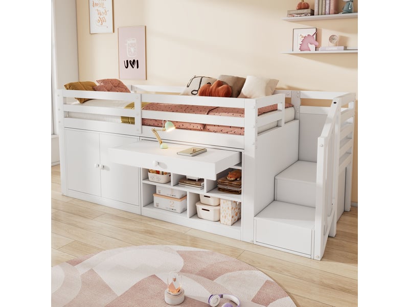  Lit enfant multifonctionnel 90x200 cm rangement tiroirs convertibles escalier réversible bois blanc sans matelas  - Conforama B