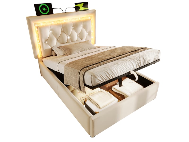  Lit coffre simple 90x200 cm - lit en velours beige avec led et station de charge, rangement hydraulique, sans matelas  - Conforama A