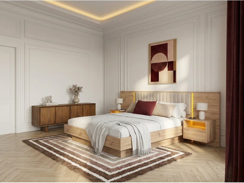 Bobochic lit coffre avec leds riad et chevets intégrés beige 140x190 RIAD - Conforama C
