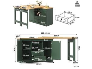 Table de bar extensible vert foncé 120–180cm, rotation 360°, rangement, longueur réglable, pour salon, salle à manger et bureau