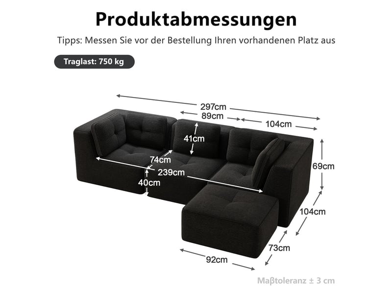  Canapé modulable d’angle en l 3 places avec ottomane en velours côtelé noir, sans montage  - Conforama C