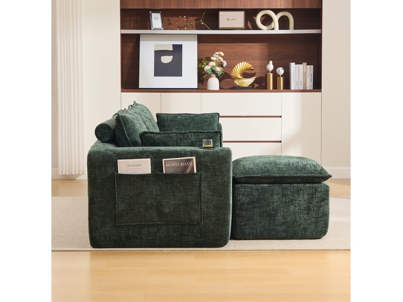  Canapé modulable 3 places en chenille vert avec repose-pieds et porte-boisson  - Conforama D